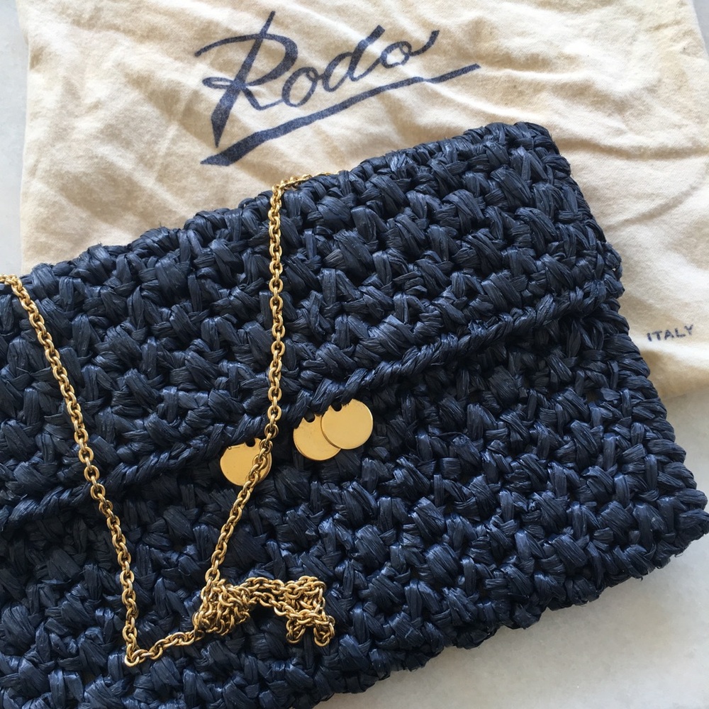 Vintage Rodo Navy Woven Raffia Crossbody Clutch with Gold Chain